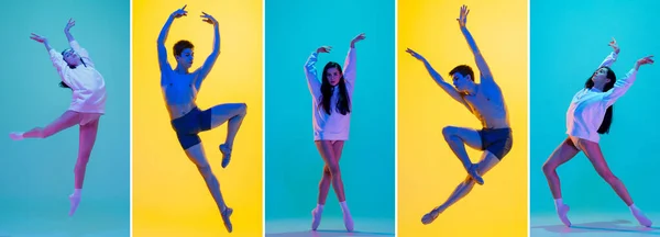 感情、感情。黄色と青の背景で孤立した柔軟な男性と女性のバレエダンサーの驚くべきパフォーマンス. — ストック写真