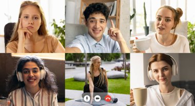 Çok ırklı gençler, yoga eğitimi alan erkekler ve kadınlar video uygulaması kullanan spor programları. Bilgisayar, laptop ekranı. Kolaj