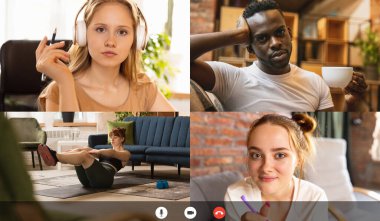 Çevrimiçi fitness eğitimlerini birlikte izleyen çok ırklı gençler, video uygulaması kullanan spor televizyon programları. Bilgisayar, dizüstü bilgisayar ekranı