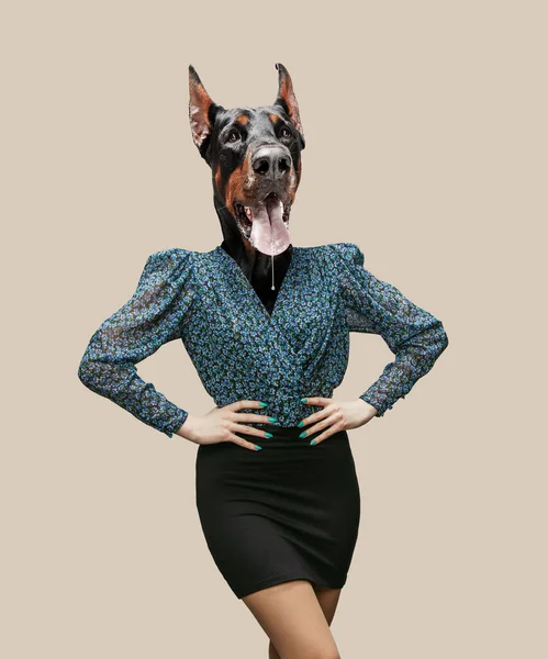 Opere d'arte contemporanea, collage concettuale. Donna d'affari guidata da una testa di cane. Colori di tendenza. — Foto Stock