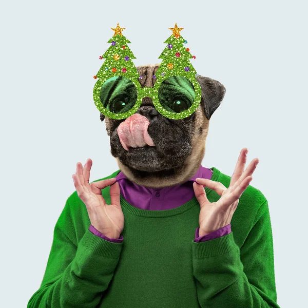 Contemporary artwork, conceptual collage. Man headed by dog head. Trendy colors. Concept of new year, christmas holidays — Stock Photo, Image