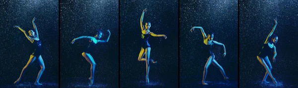 Giovane ballerina sotto gocce d'acqua e spruzzi d'acqua. Ballerina caucasica che balla in luci al neon. Collage artistico creativo. — Foto Stock