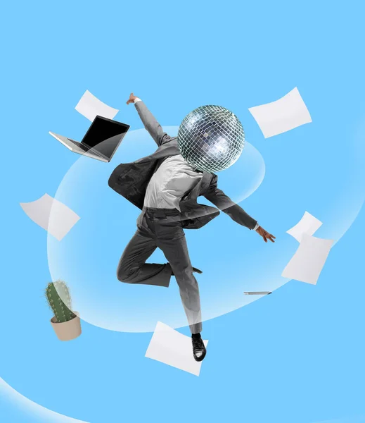 Contemporary art collage. Business concept. Composition with young manager, leader jumping, flying isolated on abstract background — Stock Photo, Image