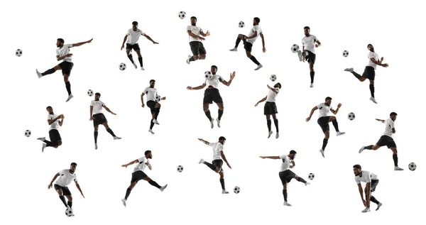 Κολάζ από πλάνα ενός Αφρικανού επαγγελματία ποδοσφαιριστή με μπάλα σε κίνηση, δράση που απομονώνεται σε λευκό φόντο στούντιο. — Φωτογραφία Αρχείου