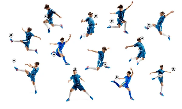 Колаж, зроблений з знімків одного професійного футболіста з м'ячем у русі, дії ізольовані на білому фоні студії . — стокове фото