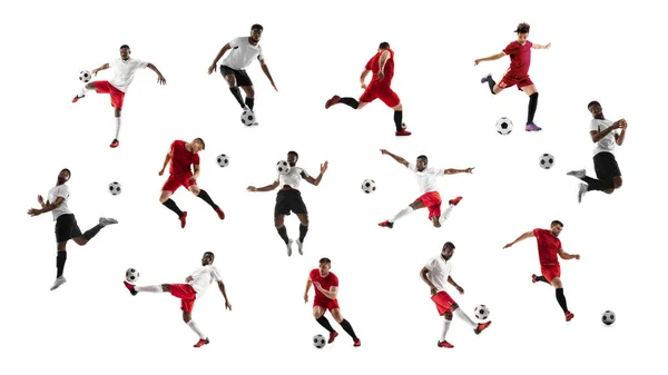 Collage composé de footballeurs professionnels avec ballon en mouvement, action isolée sur fond de studio blanc. — Photo