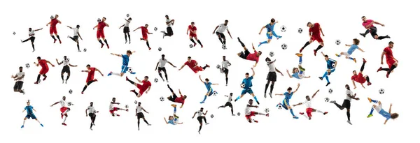 Collage de futbolistas profesionales con pelota en movimiento, acción aislada sobre fondo blanco. — Foto de Stock