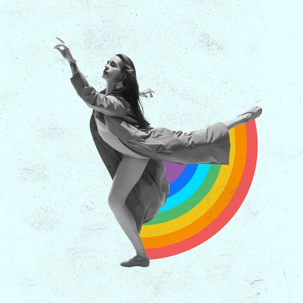 跳舞的女人和彩虹隔离在明亮的背景下.当代艺术拼贴。美丽的。时尚，杂志风格. — 图库照片