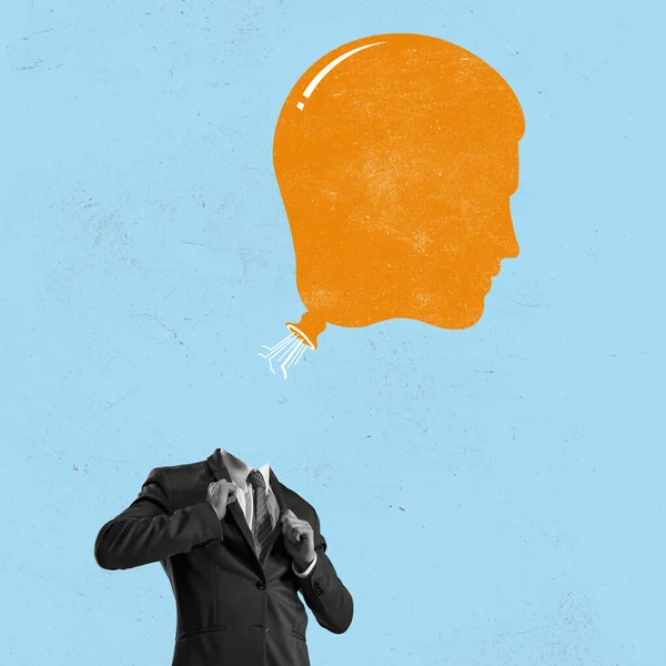 Hedendaagse kunst collage. Man lichaam van model met oranje luchtballon in plaats daarvan hoofd geïsoleerd op blauwe achtergrond. Creativiteit, concept van geestelijke gezondheid. — Stockfoto
