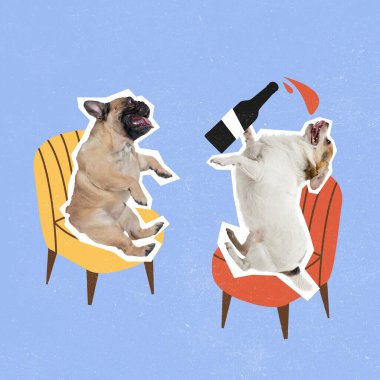 Çağdaş sanat kolajı, modern yaratıcı tasarım. Fikir, ilham, bakım, moda dergisi tarzı. Sandalyede oturan iki köpek. Görüntü