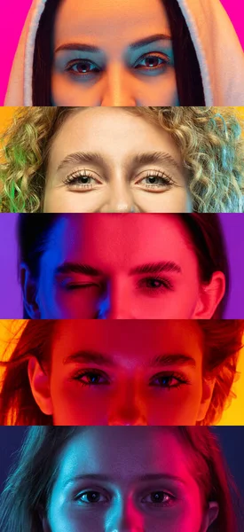 Collage of close-up male and female eyes isolated on colored neon backgorund. Multicolored stripes. — Stock Photo, Image