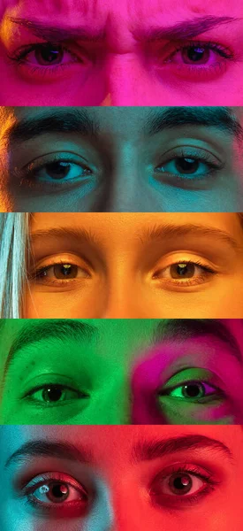 Collage vertical de ojos abiertos de hombres y mujeres jóvenes multiétnicos sobre fondo multicolor. Concepto de juventud, unidad, igualdad y diversidad — Foto de Stock