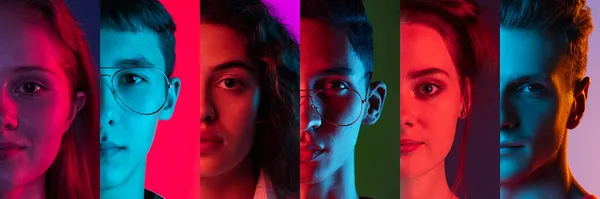 Обрезанные портреты группы мультиэтнических людей на многоцветном фоне в неоновом свете. Коллаж из 6 моделей — стоковое фото