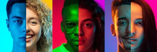 Cropped portraits of group of multiethnic people on multicolored background in neon light. Collage made of 6 models — Stock Photo, Image