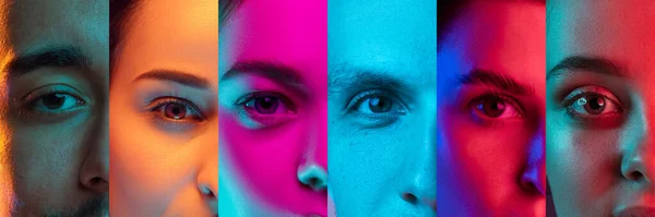 Przycięte portrety grupy wieloetnicznych ludzi na kolorowym tle w neonowym świetle. Kolaż wykonany z 6 modeli — Zdjęcie stockowe