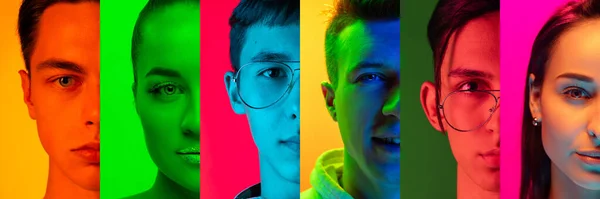 Καλλιεργημένα πορτρέτα ομάδων πολυεθνικών ατόμων με πολύχρωμο φόντο σε νέον φως. Κολάζ κατασκευασμένο από 6 μοντέλα — Φωτογραφία Αρχείου