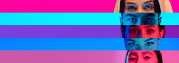 Koláž detailních mužských a ženských očí izolovaných na barevném neonovém pozadí. Mnohobarevné pruhy. — Stock fotografie