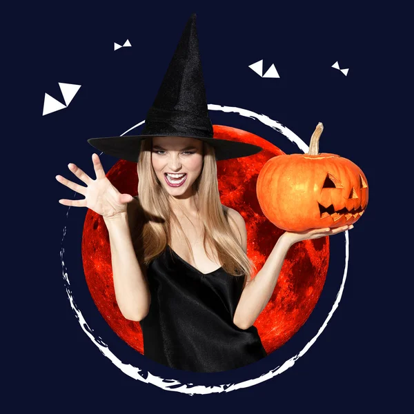 Young woman in black hat in image of witch holding Halloween pumpkins on dark background. Concept of holidays — Stock Photo, Image