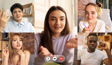 Bir grup kadın ve erkek video aracılığıyla buluşuyor, fikirleri paylaşıyor, beyin fırtınası yapıyor ve video konferansı yapıyor. Kolaj, takım çalışması, takım oluşturma