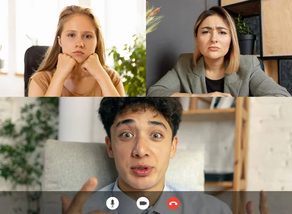 Collage of young man and women meeting via group video call share ideas brainstorming use video conference. Κολάζ, ομαδικότητα, ομαδικότητα — Φωτογραφία Αρχείου