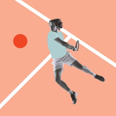 Modern tasarım, çağdaş sanat kolajı. İlham, fikir, moda dergi tarzı. Spor. Yeşil arka planda profesyonel erkek tenis oyuncusu.