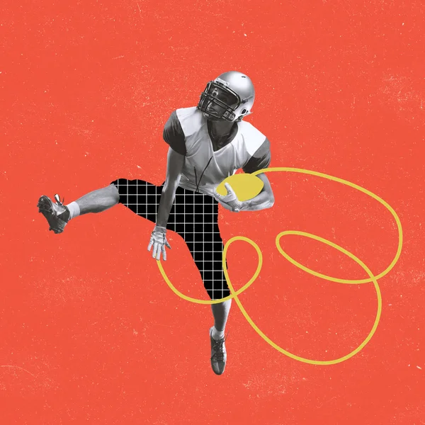 Eén man, een amerikaanse footballspeler in getrokken sportuniform, geïsoleerd op een heldere achtergrond. Illustratie, schilderen. Begrip sport, spel, actie en moderne kunst — Stockfoto