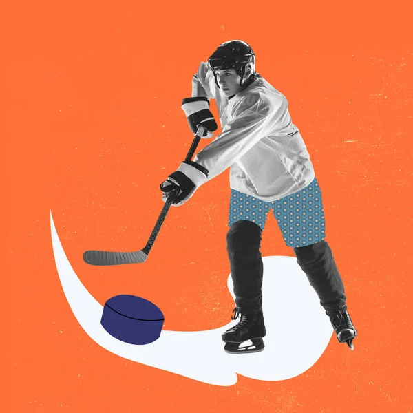 Jeden muž, hokejista v kreslené sportovní uniformě izolovaný na jasném pozadí. Ilustrace, malování. Koncept sportu, hry, akce a moderního umění — Stock fotografie
