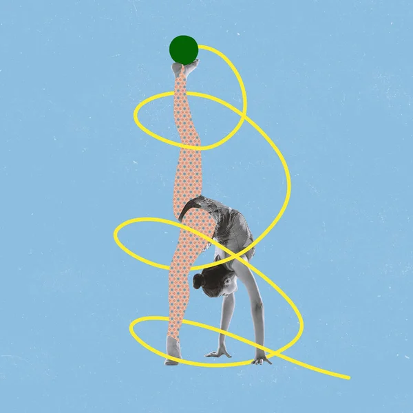 Młoda, piękna, pełna wdzięku gimnastyczka stojąca w sznurku, odizolowana na niebieskim tle z rysunkami. Ilustracja, malarstwo. Pojęcie sportu — Zdjęcie stockowe