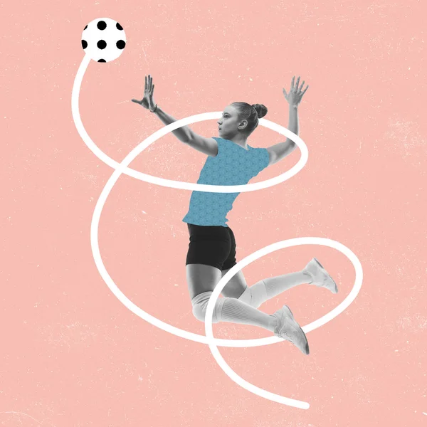 Modern design, samtida konstcollage. Inspiration, idé, trendig tidningsstil. Vilken sport. Professionell kvinnlig volleyboll spelare på rosa bakgrund. — Stockfoto