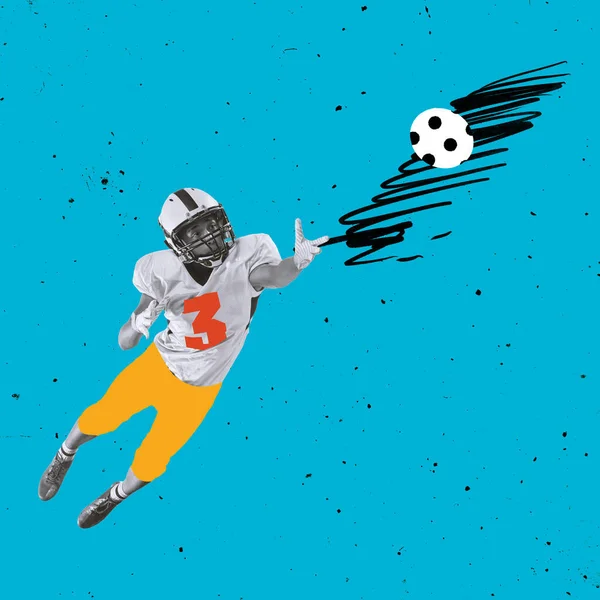 Ein Mann, amerikanischer Fußballspieler in gezogener Sportuniform, isoliert auf hellem Hintergrund. Illustration, Malerei. Konzept aus Sport, Spiel, Action und moderner Kunst — Stockfoto