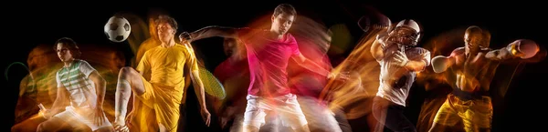 Sportowcy grający w koszykówkę, piłkę nożną, futbol amerykański, siatkówkę na czarnym tle w świetle mieszanym. Kolaż — Zdjęcie stockowe