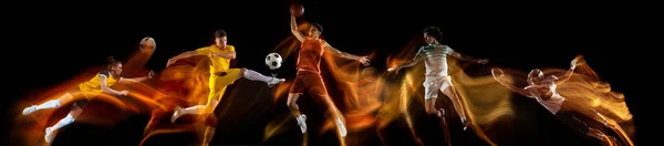 Sportsmän som spelar basket, fotboll, amerikansk fotboll, volleyboll på svart bakgrund i blandat ljus. Kollage — Stockfoto