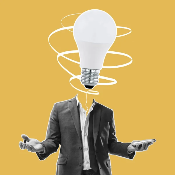 Modern design, contemporary art collage. Inspiration, idea, trendy urban magazine style. Man in business suit with electric bulb instead head — Stock Photo, Image