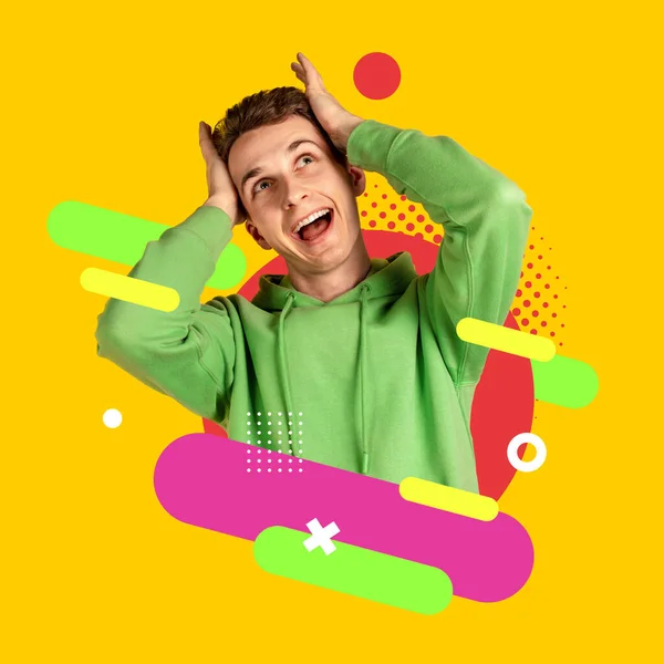 Současné umělecké dílo. Mladý šokovaný muž v křičí a drží hlavu s rukama na barevném neonovém pozadí. — Stock fotografie