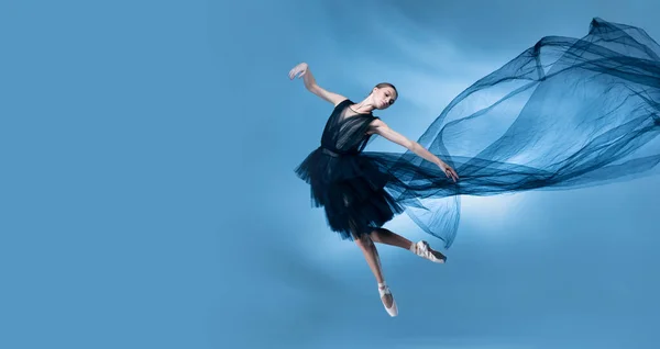Joven y elegante bailarina de ballet en traje de escenario negro, vestido aislado en fondo blanco estudio azul en luz de neón. —  Fotos de Stock