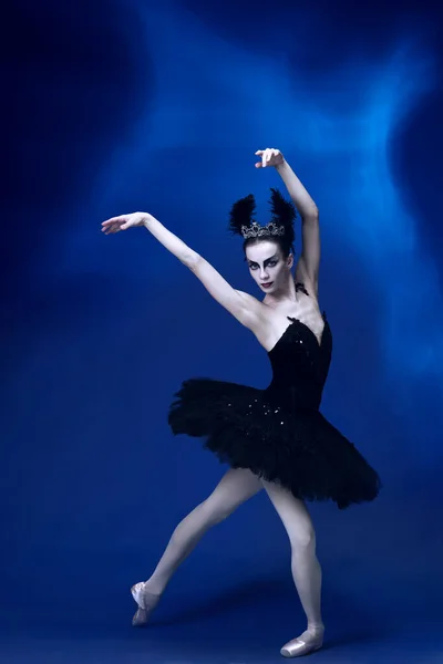 穿着黑色芭蕾服装的芭蕾舞演员，在充满阳光的蓝色演播室里跳着塔图舞的年轻美丽女子的画像. — 图库照片