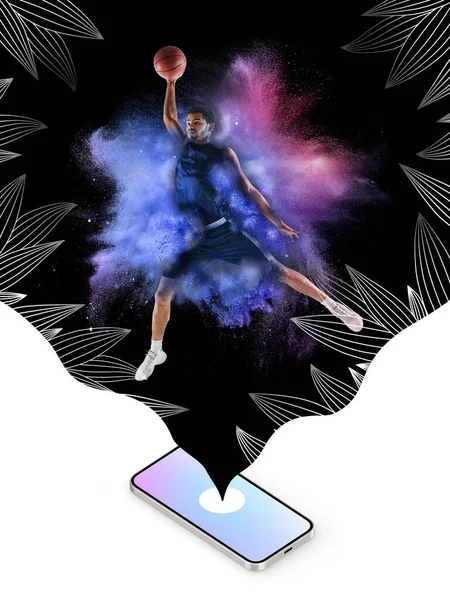 現代美術のコラージュ。インスピレーション、アイデア、雑誌のスタイル。スポーツだ。明るいネオン抽象的な背景のプロの男性バスケットボール選手 — ストック写真