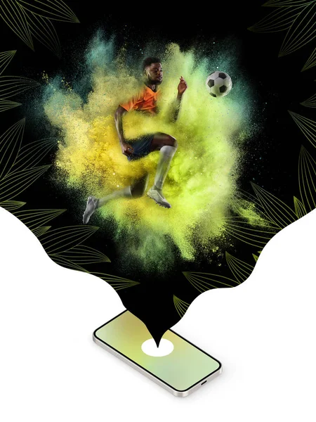 Hedendaagse kunst collage. Inspiratie, idee, tijdschriftstijl. Sport. Professionele mannelijke voetballer op heldere neon abstracte achtergrond — Stockfoto