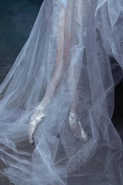 Крупный план балерин ноги в пуантах обувь изолированы на темном винтажном фоне студии. Искусство, движение, концепция действия. — стоковое фото