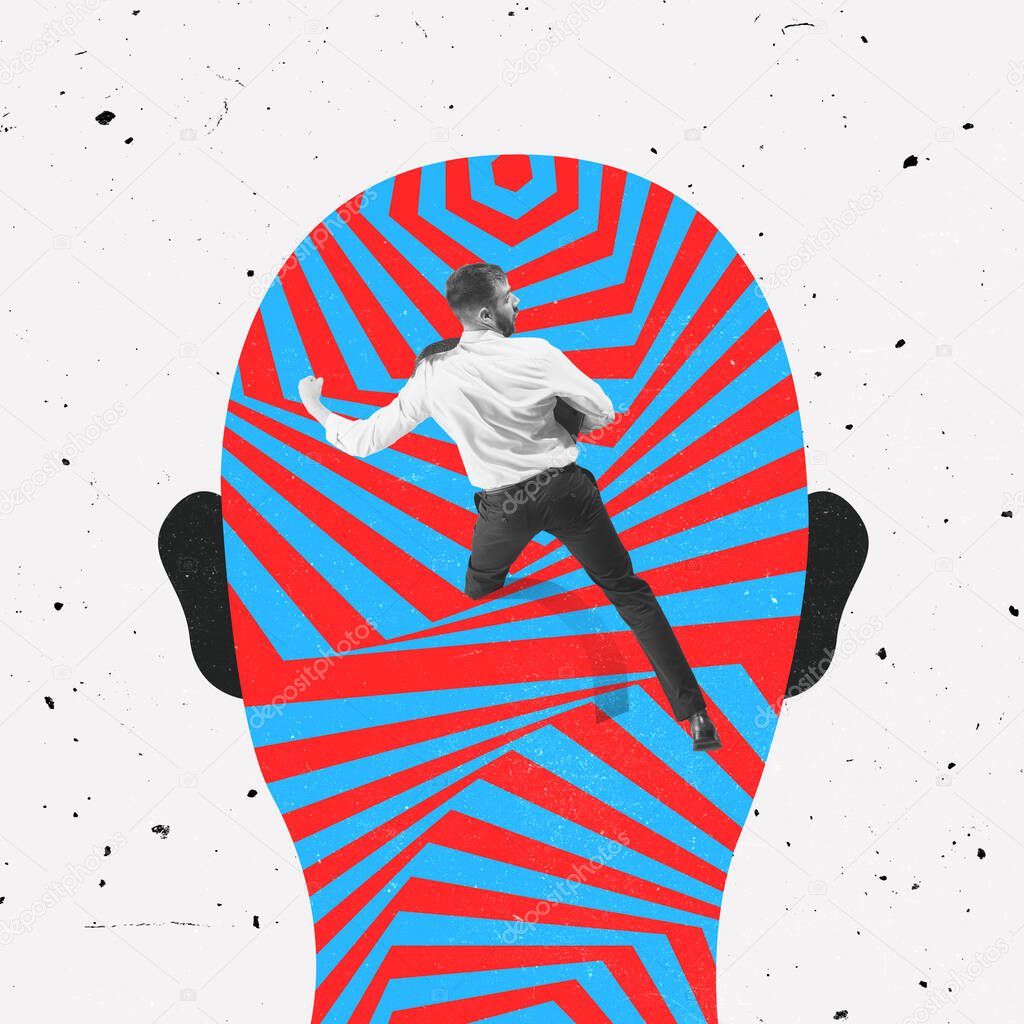 Conceptual image with young man stepping into drawn human head isolated over light background. Contemporary art collage