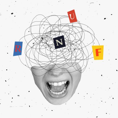 Modern tasarım, çağdaş sanat kolajı. İlham, fikir, modaya uygun şehir dergisi tarzı. Kaos, kadınların karmaşası. Kafaları hafif arka planda.