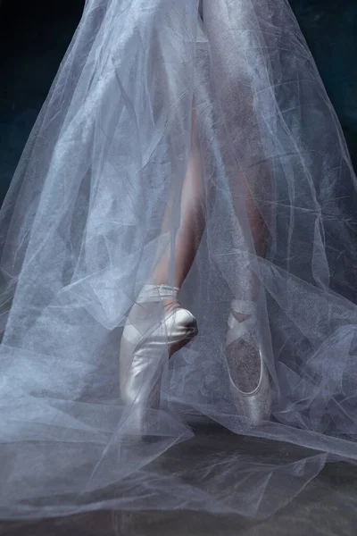 Pernas de bailarinas close-up em sapatos pontiagudos isolados no fundo do estúdio vintage escuro. Arte, movimento, conceito de ação. — Fotografia de Stock