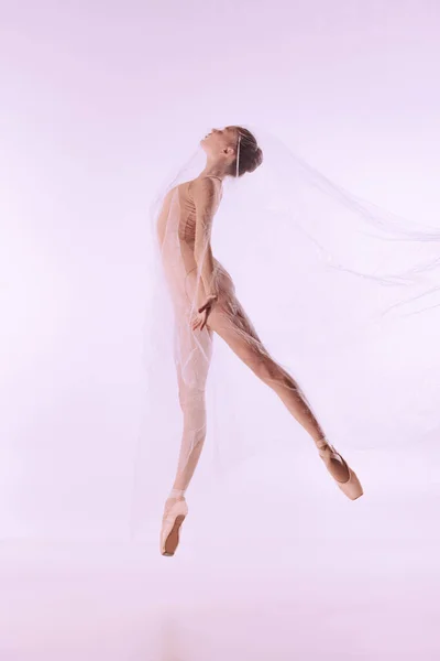 Portrét mladé, půvabné baletní tanečnice, tanec baletky izolovaný na pozadí světelného studia. Umění, inspirace. — Stock fotografie