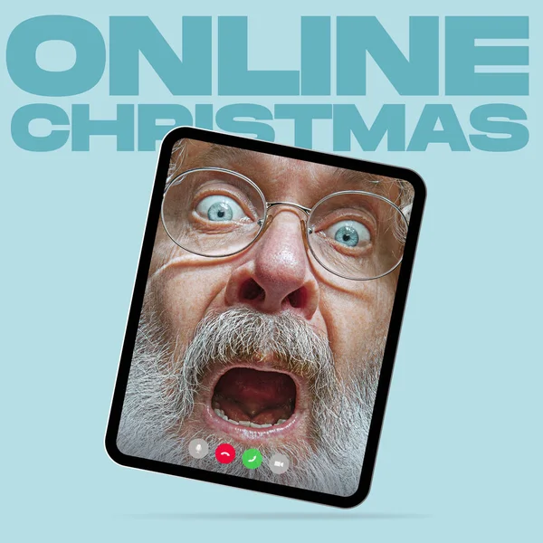 Emotionaler Weihnachtsmann gratuliert online mit Neujahr und Weihnachten 2022 allen Menschen auf der Welt, Zeitgenössisches Kunstwerk — Stockfoto