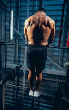 Arkadan bak. Bir kaslı sporcu, vücut geliştirici spor salonunda tek başına, içeride. Spor anlayışı, aktivite, sağlıklı yaşam tarzı