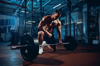 Genç, güçlü bir adam, kaslı bir atlet, spor salonunda vücut geliştirme eğitimi almış, kapalı alanda. Spor anlayışı, aktivite, sağlıklı yaşam tarzı