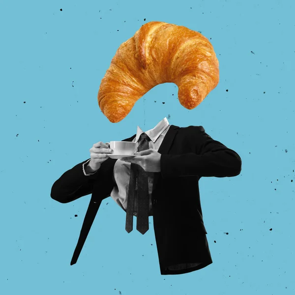 Modern design, contemporary art collage. Inspiration, idea, trendy urban magazine style. Man in business suit with croissant instead head — Stock Photo, Image