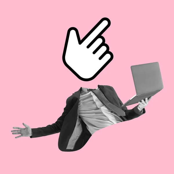 Collage zeitgenössischer Kunst. Inspiration, Idee, trendiger urbaner Magazinstil. Mann mit Computer-Handzeichen statt Kopf auf rosa Hintergrund — Stockfoto