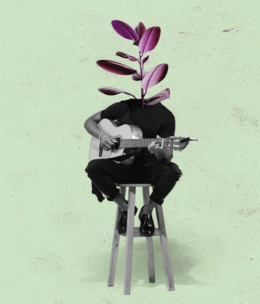 Collage zeitgenössischer Kunst, modernes Design. Retro-Stil. Junger Mann, Musiker mit blühenden Blumen an der Spitze. Surrealismus — Stockfoto