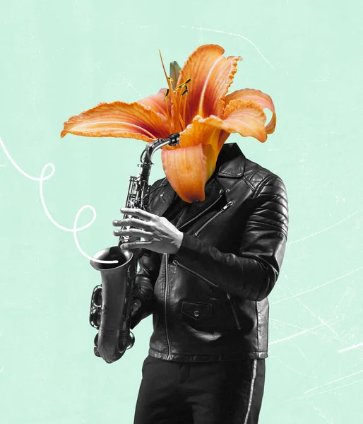 Samtida konstcollage, modern design. Retrostil. Unge man, musiker med blommande blommor i spetsen. Surrealism — Stockfoto